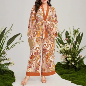 Plus Size Rafiah Women's Summer 2025 Sets Paisley Print Long Sleeve Top Wide Leg Pants Contrast Trim Retro Two Piece Sets - Image 4