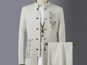 Vintage Chinese Style Men's Suit Jacket Embroidered Slim Fit Stand Collar Trendy Spring Autumn Leisure 2-piece Set
