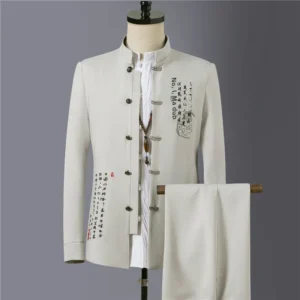 Vintage Chinese Style Men's Suit Jacket Embroidered Slim Fit Stand Collar Trendy Spring Autumn Leisure 2-piece Set