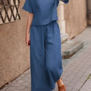 Summer New Women's Fashion Cotton Linen Suit Short Sleeves 2-Piece Set European American Line Color Cross-Border Trade - Image 2