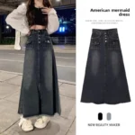 High Waist A- Line Denim Skirt Women's Spring Autumn Miniature Meat Conceal Slimming Frayed Mid-Length Umbrella Skirt