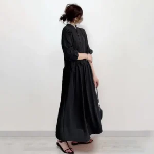 Cross-Border E-commerce Japanese Style Loose-Fit Plus Size Slimming Stand Collar Cotton Linen Shirt Dress Large Movement Long Dr - Image 3