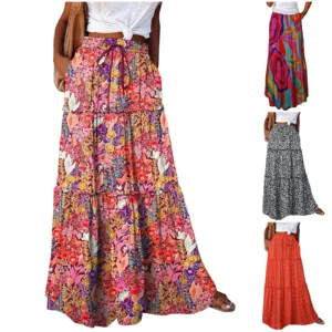 Summer Bohemian Print Elastic Waist Long Skirt Loose Beach Style Holiday Party Maxi Skirt Floral Faldas Female Boho Skirts - Image 2