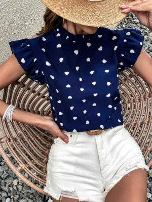 Fashion Chiffon Print Women's Shirt Casual Ruffle Short Sleeve Top Pink Chic Woman Blouse And Shirts Elegant Blouses Summer 2024 - Image 2