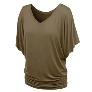 2024 New Summer Commuting Minimalist Loose Fit Plus Size Straight Tube Batwing Sleeve Solid V-neck Hem Folds Women's T-shirt Top - Image 6