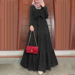 New Moroccan Muslim Long Sleeve Round Dot Dress Fashionable Belted Sun Dress Party Long Gown In Stock - Image 3