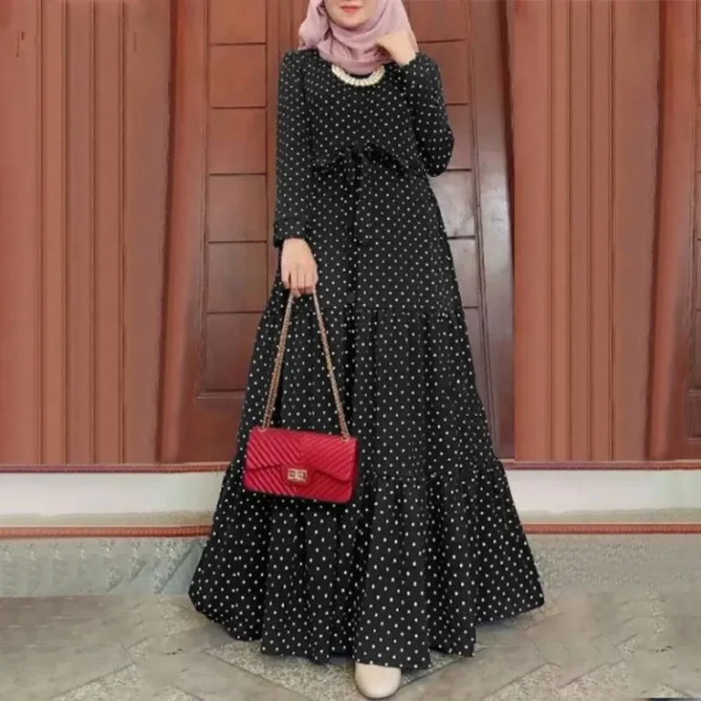 New Moroccan Muslim Long Sleeve Round Dot Dress Fashionable Belted Sun Dress Party Long Gown In Stock - Image 3