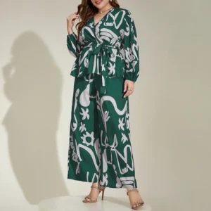 Plus Size Rafiah Women's Summer Sets 2025 Daily Long Sleeve V-Neck Top Full Length High Waist Pants Full Print Casual Sets - Image 4
