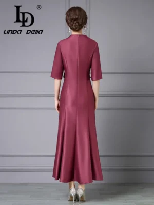 LD LINDA DELLA High Quality Women's Fashion Design Half Sleeve V-neck Embroidered Slimming High Waist Big Swing Dress - Image 6