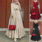 New Moroccan Muslim Long Sleeve Round Dot Dress Fashionable Belted Sun Dress Party Long Gown In Stock