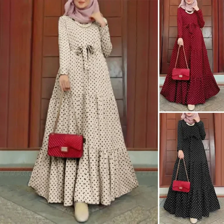 New Moroccan Muslim Long Sleeve Round Dot Dress Fashionable Belted Sun Dress Party Long Gown In Stock