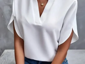 Summer Elegant Women's Blouse New V-neck Short Sleeve Solid Color Loose Shirt Casual White Tops Office Lady Blouses