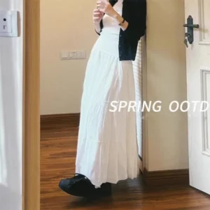 Spring Summer Women Long Skirts Fashion High Waist Elastic Patchwork A-Line Skirt Casual All-Match White Cake Maxi Skirts Female - Image 2