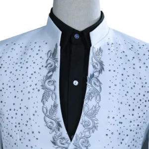 White Sparkly Crystals Embroidery Men Suits Jacket+pants Stand Collar Wedding Party Groom Stage Diamond red Tuxedo Formal suit - Image 3