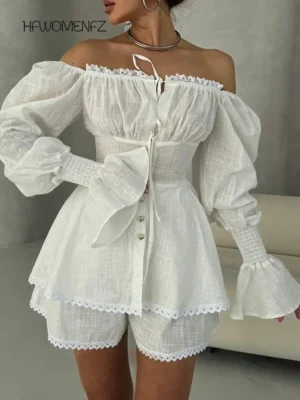 Fashion Off Shoulder Shirt Short Pants Suit Women Lace Up Solid Puff Sleeve Patchwork Shorts Female 2025 Summer Beach Sets Lady - Image 6