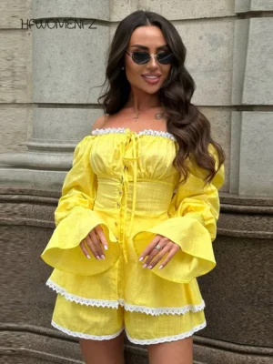 Fashion Off Shoulder Shirt Short Pants Suit Women Lace Up Solid Puff Sleeve Patchwork Shorts Female 2025 Summer Beach Sets Lady - Image 4