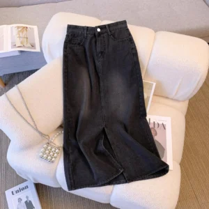 2024 Summer Vintage Elegant Side Slit High-Waisted Medium-Length Denim Skirt For Women Trendy Over-Knee A- Line Skirt - Image 3