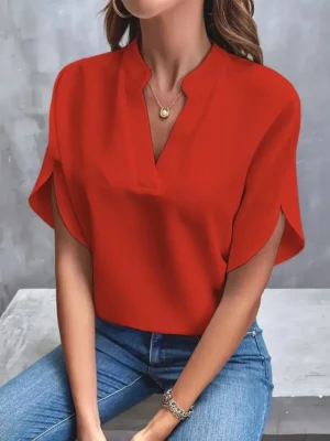 Summer Elegant Women's Blouse New V-neck Short Sleeve Solid Color Loose Shirt Casual White Tops Office Lady Blouses - Image 3
