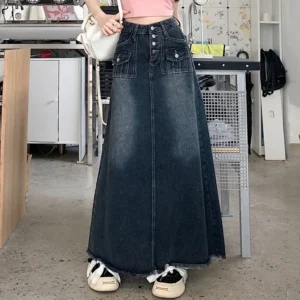 S-5XL New Streetwear Denim Skirt Spring Summer Fashion Frayed Hem Pocket High Waist Long Jeans Skirt Loose Plus Size Skirt - Image 3