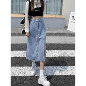 Denim Skirt Women's Autumn 2024 New Style High-Waisted Side Slit Design Hip Covering A- Line Long Dress Trendy - Image 5