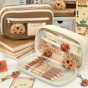 7Pcs Cute Capybara Canvas Pencil Case Set with Doll Stickers Spacious Layered Compartment Zipper Closure Back to School Supplies - Image 6