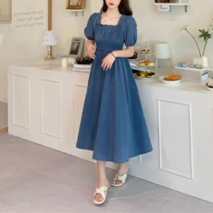 Women Puff Sleeves Midi Dress Summer Retro Knee Length Long Dress French Style Bubble Square Neck Short Sleeved Summer Dress - Image 5