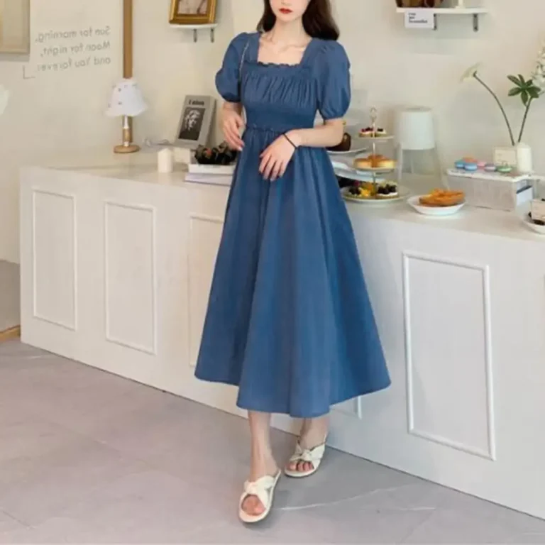 Women Puff Sleeves Midi Dress Summer Retro Knee Length Long Dress French Style Bubble Square Neck Short Sleeved Summer Dress - Image 5