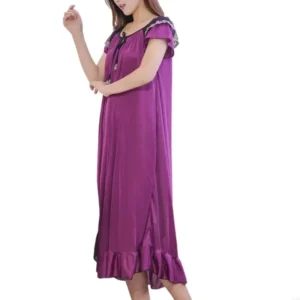 Women Ice Silk Nightgown Summer Short Sleeve Sleep Dress Round Neck Chemise Sleepwear Loose Silk Sleepshirt Loungewear
