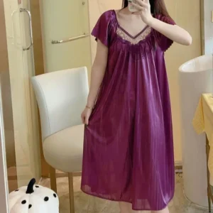 Summer Ice Silk Nightgowns for Women,Short Sleeve Sleep Dress Night Gowns Loose Sleepshirt Sleepwear Nightdress Gifts - Image 2
