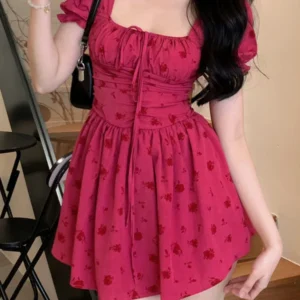 Vintage Floral Dresses Women Puff Sleeve French Style Mini Hotsweet Lace-up Prairie Chic Age-reducing Fashion Temperament Casual