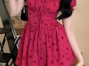 Vintage Floral Dresses Women Puff Sleeve French Style Mini Hotsweet Lace-up Prairie Chic Age-reducing Fashion Temperament Casual