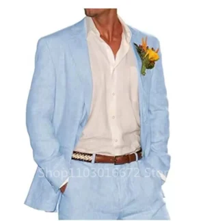 Light Blue/Beige Linen Men Suits 2 Piece Groom Tuxedos Notch Lapel Slim Fit Blazer Pants Sets Wedding Prom Summer Costume Homme - Image 4