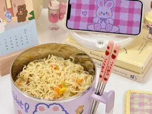 Kawaii Stainless Steel Ramen Bowl With Lid Cute Large Instant Noodles Fruit Salad Rice Soup Bowl Kitchen Tableware 1000/1300ml