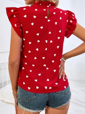 Fashion Chiffon Print Women's Shirt Casual Ruffle Short Sleeve Top Pink Chic Woman Blouse And Shirts Elegant Blouses Summer 2024 - Image 3