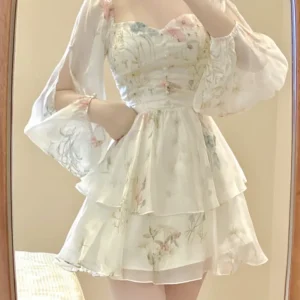 French Elegant Floral Mini Dress Chiffon Long Sleeve Evening Party Dress Women Holiday Beach Boho Fairy Dress Korean 2024 Robes