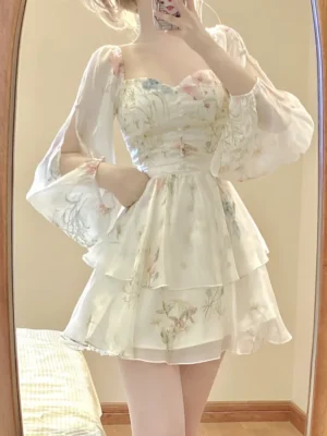 French Elegant Floral Mini Dress Chiffon Long Sleeve Evening Party Dress Women Holiday Beach Boho Fairy Dress Korean 2024 Robes
