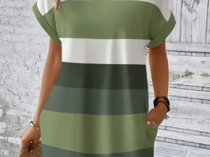 Chic Plus Size Dress: Elegant Stripes, Roll-Up Sleeves, Pockets - Comfortable & Casual Women's Dress