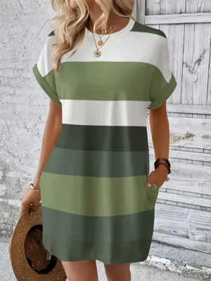 Chic Plus Size Dress: Elegant Stripes, Roll-Up Sleeves, Pockets - Comfortable & Casual Women's Dress