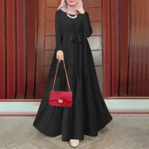 Cross-Border Muslim Solid Color Round Neck Long Sleeve Fashionable Dress With Belt Kaftan Style Casual Ethnic Wear - Image 6