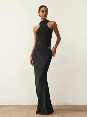 JULISSA MO Satin Sexy Hollow Out Women Maxi Dress Black Sleeveless High Waist Dress Female Autumn Skinny Elegant Party Clubwear - Image 4
