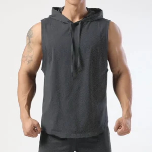 2025 summer new men's lace up hooded sleeveless vest men's summer loose solid color casual hip-hop sleeveless T-shirt top - Image 5