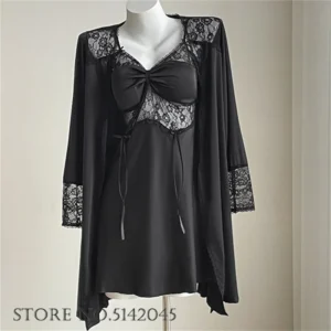 Temptation Lace Nightgown Sexy Female Nighty&robe Set Loungewear Intimate Lingerie Silk Satin Bathrobe Sleepwear Summer Homewear - Image 3