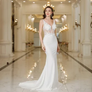 MisShow Elegant Straps White Mermaid Wedding Dresses Lace Pearls Backless V Neck Sleeveless Formal Party Gowns Vestido Marriee - Image 5