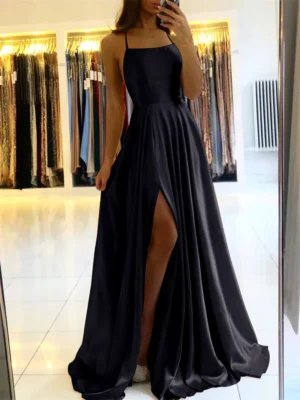 Elegant Women Maxi Beach Satin Dress Sexy Leg Slit Lace up Evening Prom Gown Adjustable Straps Bridesmaid Dresses - Image 3