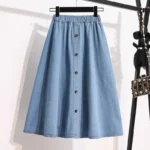 Plus Size Blue Denim Skirt with Buckle Elastic Waist Street Style Student Uniform Class Uniform Half-length Skirt for Women