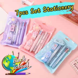 7Pcs Set Kawaii Student Stationery Sweet Cartoon Cat Paw Correction Tape Glue Tape Eraser Gel Pen Cutter Back to School Gift