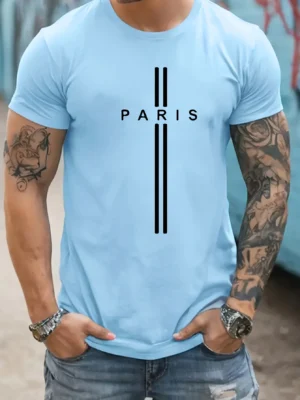 Men's 100% Pure Cotton Summer Loose Fitting Oversized Paris Print Casual Slim Fit Round Neck Short Sleeved T-shirt Top - Image 3