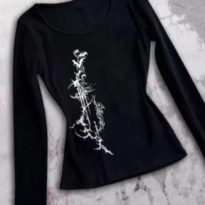 Aesthetic Letter Print Womens T-Shirt Gothic American Style Y2K Retro Stiletto Chic Harajuku Streetwear Emo Girl Long Sleeve Top - Image 3