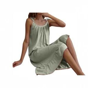 Summer Ice Silk Thin Short Sleeve Sleepwear Women's Home Clothes Midi Dress Pure Color Home Fashion Cross-Border Nightgown - Image 4