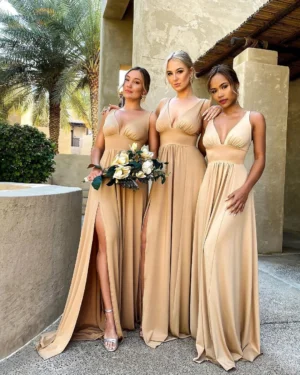 BABYONLINE Split V Neck Maxi Bridesmaid Dress Long for Women Wedding Party A Line Formal Dress Sleeveless Floor Length Evening - Image 4